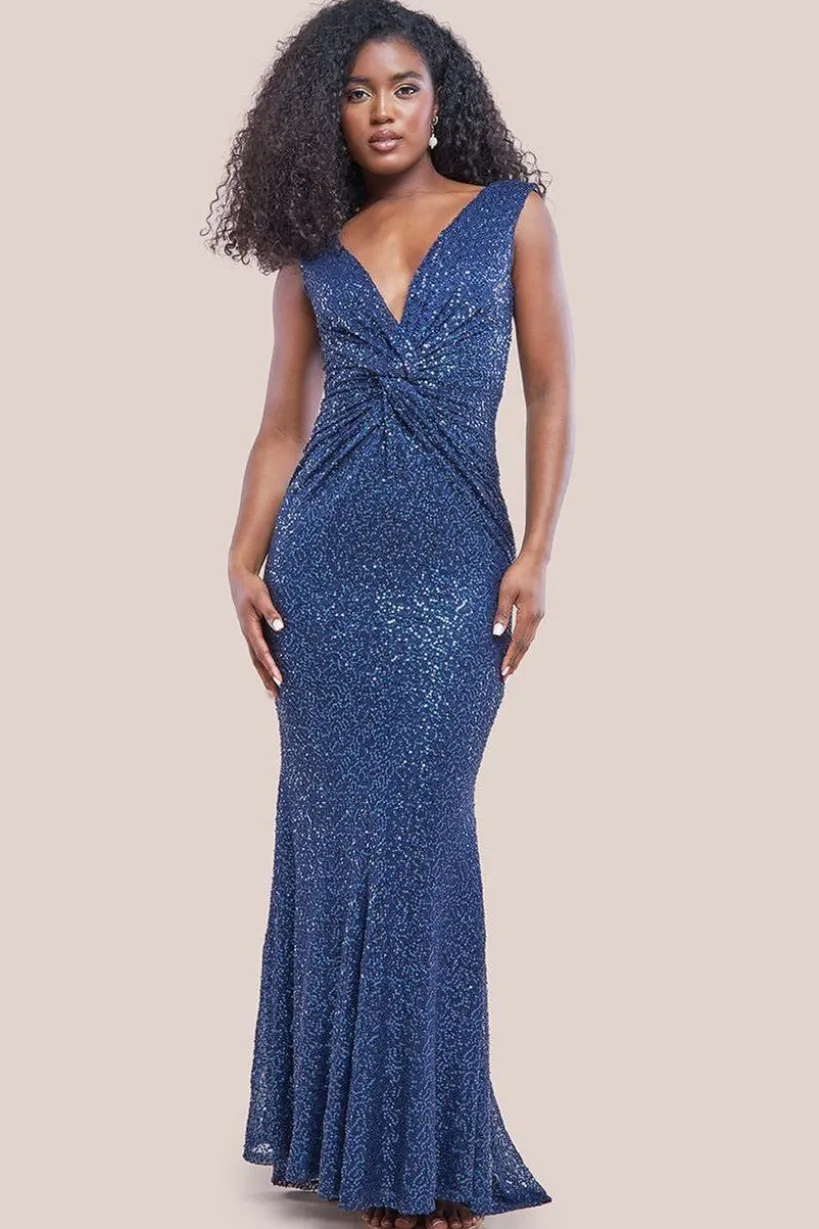 Twisted Front Sequin Maxi Dress - Navy by Goddiva