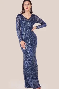 Two Toned V Neck Sequin Maxi - Navy by Goddiva