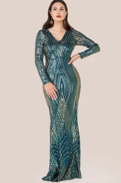 Two Toned V Neck Sequin Maxi - Emerald Green by Goddiva