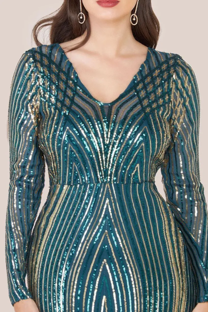 Two Toned V Neck Sequin Maxi - Emerald Green by Goddiva