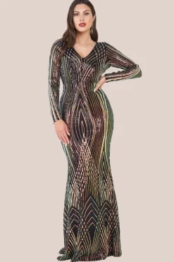 Two Toned V Neck Sequin Maxi - Black by Goddiva