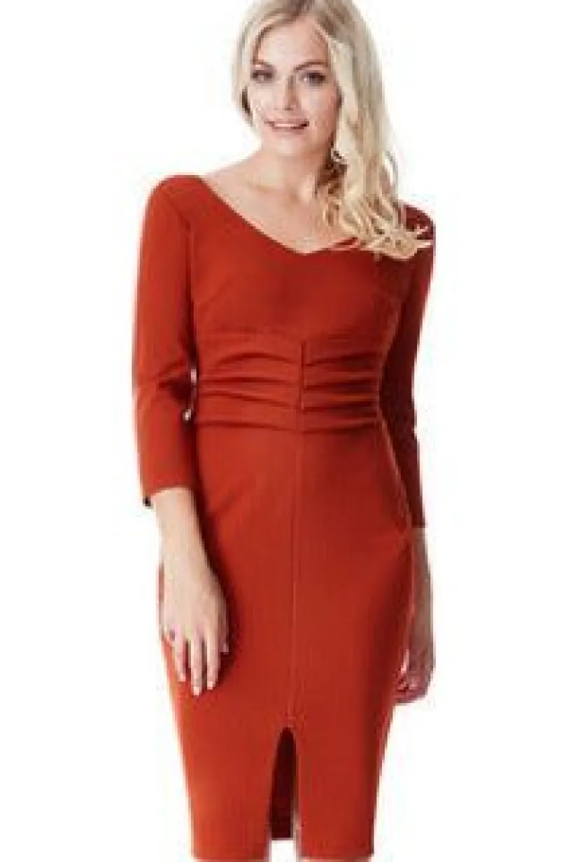 V Neck Pleated Midi With Split Detail - Rust by Goddiva