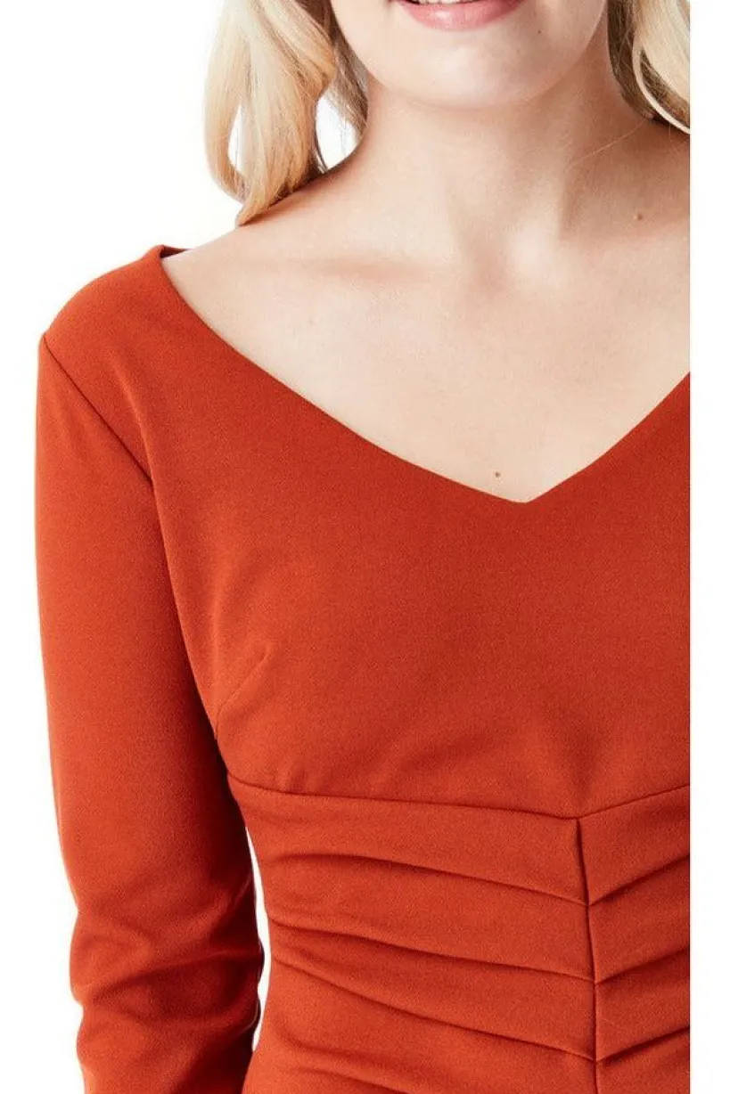 V Neck Pleated Midi With Split Detail - Rust by Goddiva