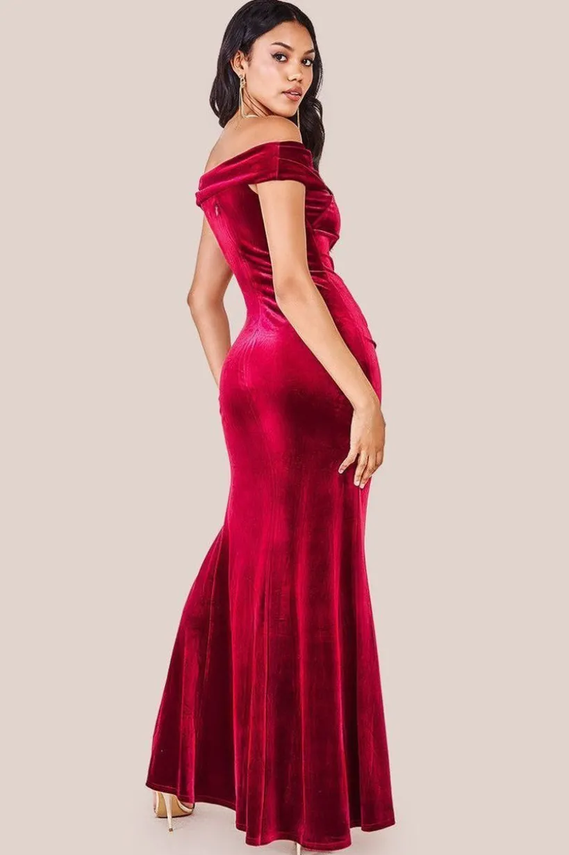 Velvet Bardot Maxi Dress With Split - Burgundy by Goddiva