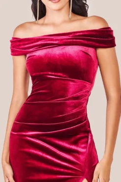 Velvet Bardot Maxi Dress With Split - Burgundy by Goddiva