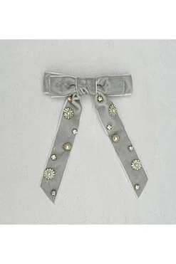 Velvet Bow Hair Clip In Grey With Jewels by QueenMee Accessories