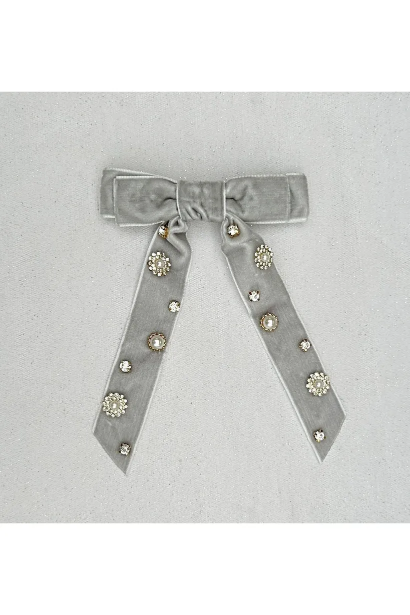 Velvet Bow Hair Clip In Grey With Jewels by QueenMee Accessories