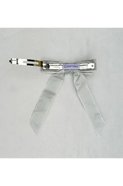 Velvet Bow Hair Clip In Grey With Jewels by QueenMee Accessories