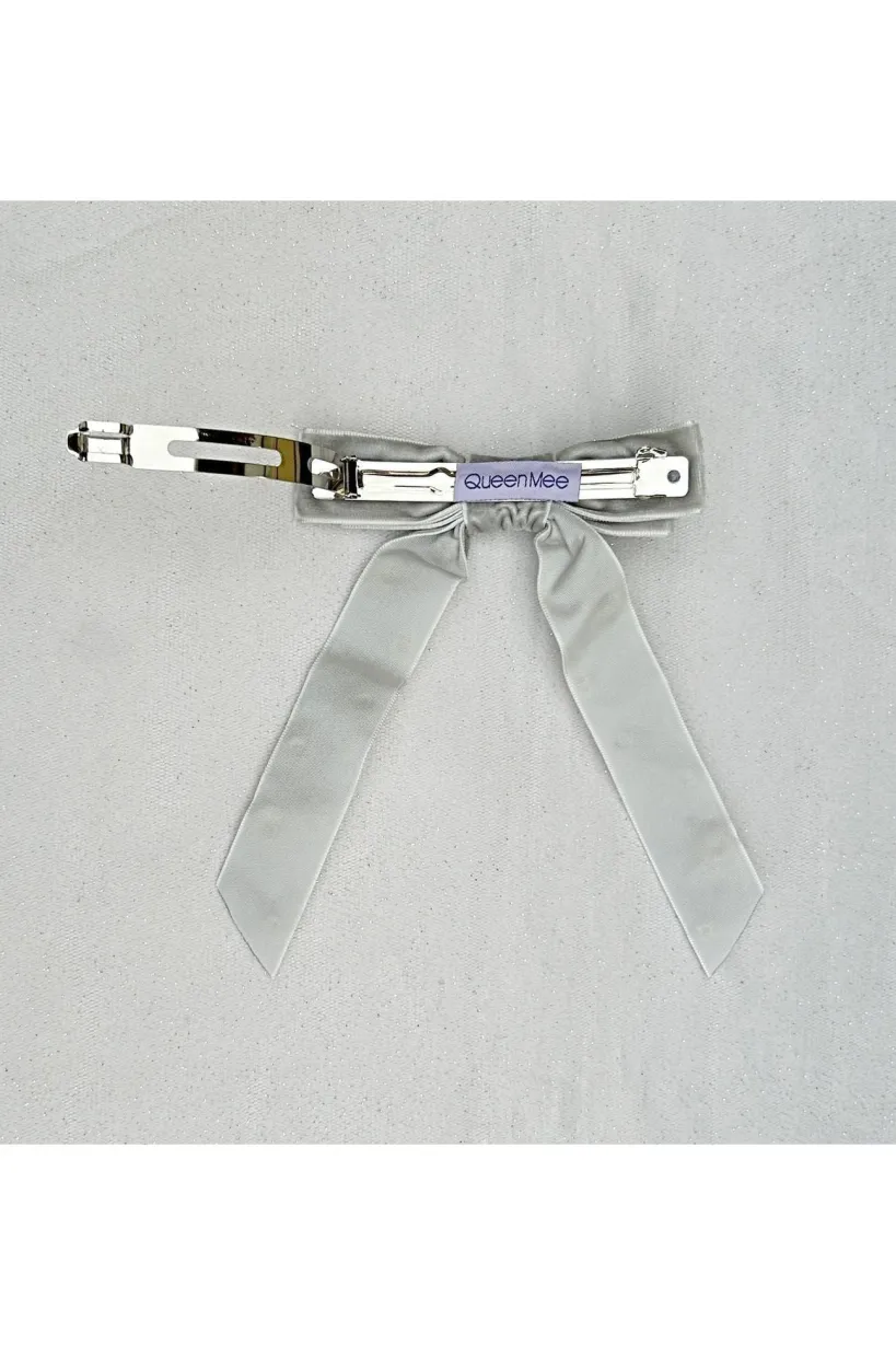 Velvet Bow Hair Clip In Grey With Jewels by QueenMee Accessories