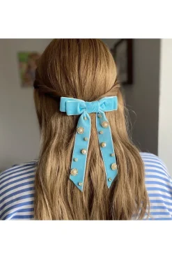 Velvet Bow Hair Clip In Light Blue With Jewels by QueenMee Accessories