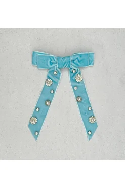 Velvet Bow Hair Clip In Light Blue With Jewels by QueenMee Accessories