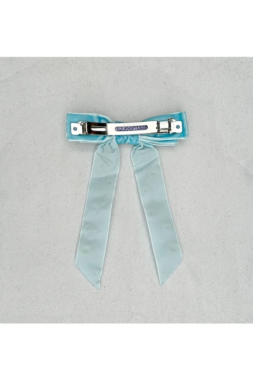 Velvet Bow Hair Clip In Light Blue With Jewels by QueenMee Accessories