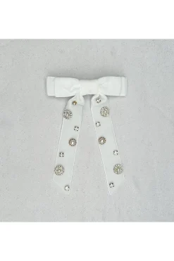 Velvet Bow Hair Clip In White With Jewels by QueenMee Accessories