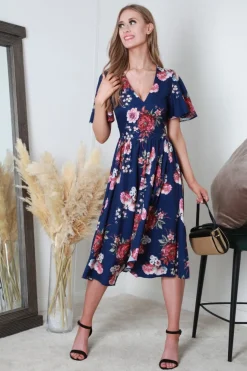 V-Neck Hanky Hem Pleated Floral Dress by Double Second
