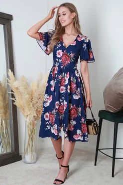 V-Neck Hanky Hem Pleated Floral Dress by Double Second