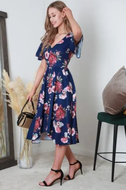 V-Neck Hanky Hem Pleated Floral Dress by Double Second