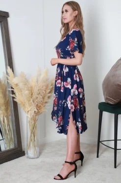 V-Neck Hanky Hem Pleated Floral Dress by Double Second