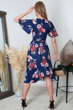 V-Neck Hanky Hem Pleated Floral Dress by Double Second