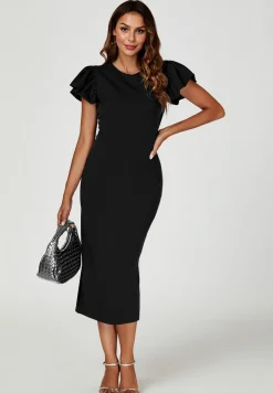 Volume Sleeve Bodycon Midi Dress In Black by FS Collection