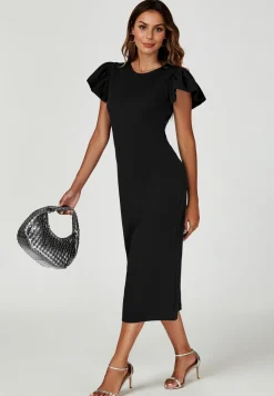 Volume Sleeve Bodycon Midi Dress In Black by FS Collection