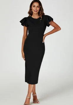 Volume Sleeve Bodycon Midi Dress In Black by FS Collection