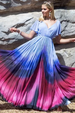 Wavy Ombre A-Line Chiffon Maxi Dress - Blue by Goddiva