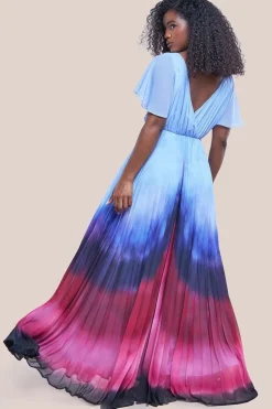 Wavy Ombre A-Line Chiffon Maxi Dress - Blue by Goddiva