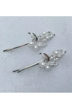 Wedding Hair Clips Silver Pearl Hair Slides Set Of 2 by QueenMee Accessories