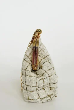 White And Gold Boucle Cross Body Bag by SVNX