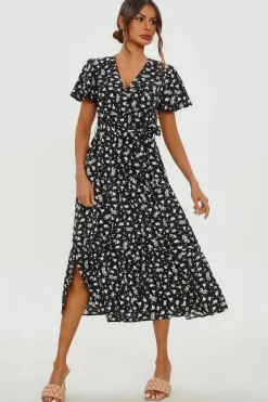 White Floral Print Hem Tiered Wrap Midi Dress In Black by FS Collection