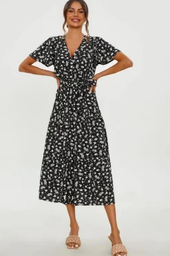 White Floral Print Hem Tiered Wrap Midi Dress In Black by FS Collection