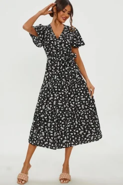White Floral Print Hem Tiered Wrap Midi Dress In Black by FS Collection