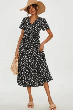 White Floral Print Hem Tiered Wrap Midi Dress In Black by FS Collection