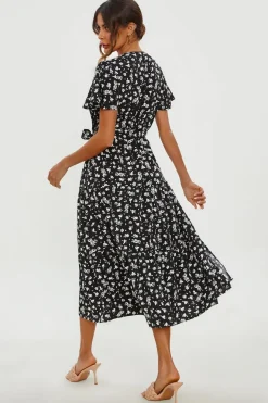 White Floral Print Hem Tiered Wrap Midi Dress In Black by FS Collection