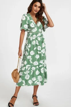 White Floral Print Lace Detail Angel Sleeve Midi Dress In Green by FS Collection