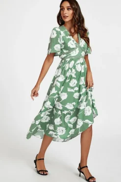 White Floral Print Lace Detail Angel Sleeve Midi Dress In Green by FS Collection