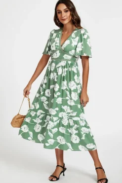 White Floral Print Lace Detail Angel Sleeve Midi Dress In Green by FS Collection