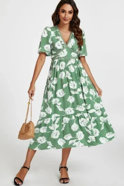 White Floral Print Lace Detail Angel Sleeve Midi Dress In Green by FS Collection