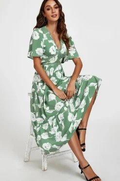 White Floral Print Lace Detail Angel Sleeve Midi Dress In Green by FS Collection