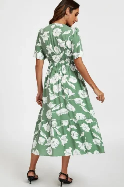 White Floral Print Lace Detail Angel Sleeve Midi Dress In Green by FS Collection