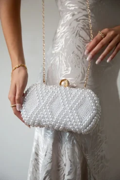 White Pearl Beaded Clutch Bag by SVNX