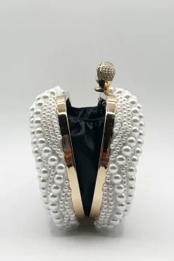 White Pearl Beaded Clutch Bag by SVNX