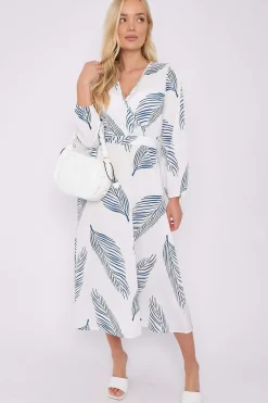 White Plam Leaf Printed V Neck Midi Dress by LOVE SUNSHINE