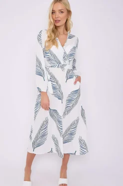 White Plam Leaf Printed V Neck Midi Dress by LOVE SUNSHINE