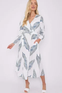 White Plam Leaf Printed V Neck Midi Dress by LOVE SUNSHINE