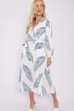White Plam Leaf Printed V Neck Midi Dress by LOVE SUNSHINE