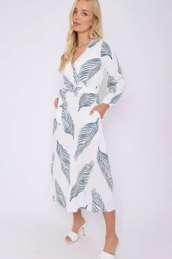White Plam Leaf Printed V Neck Midi Dress by LOVE SUNSHINE