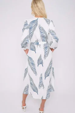 White Plam Leaf Printed V Neck Midi Dress by LOVE SUNSHINE