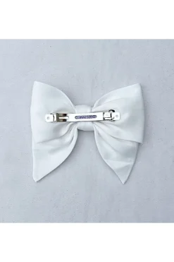 White Satin Hair Bow White Hair Clip by QueenMee Accessories