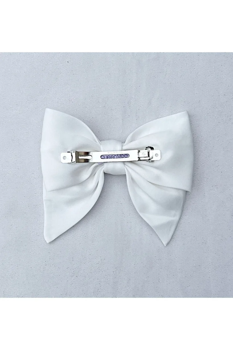 White Satin Hair Bow White Hair Clip by QueenMee Accessories